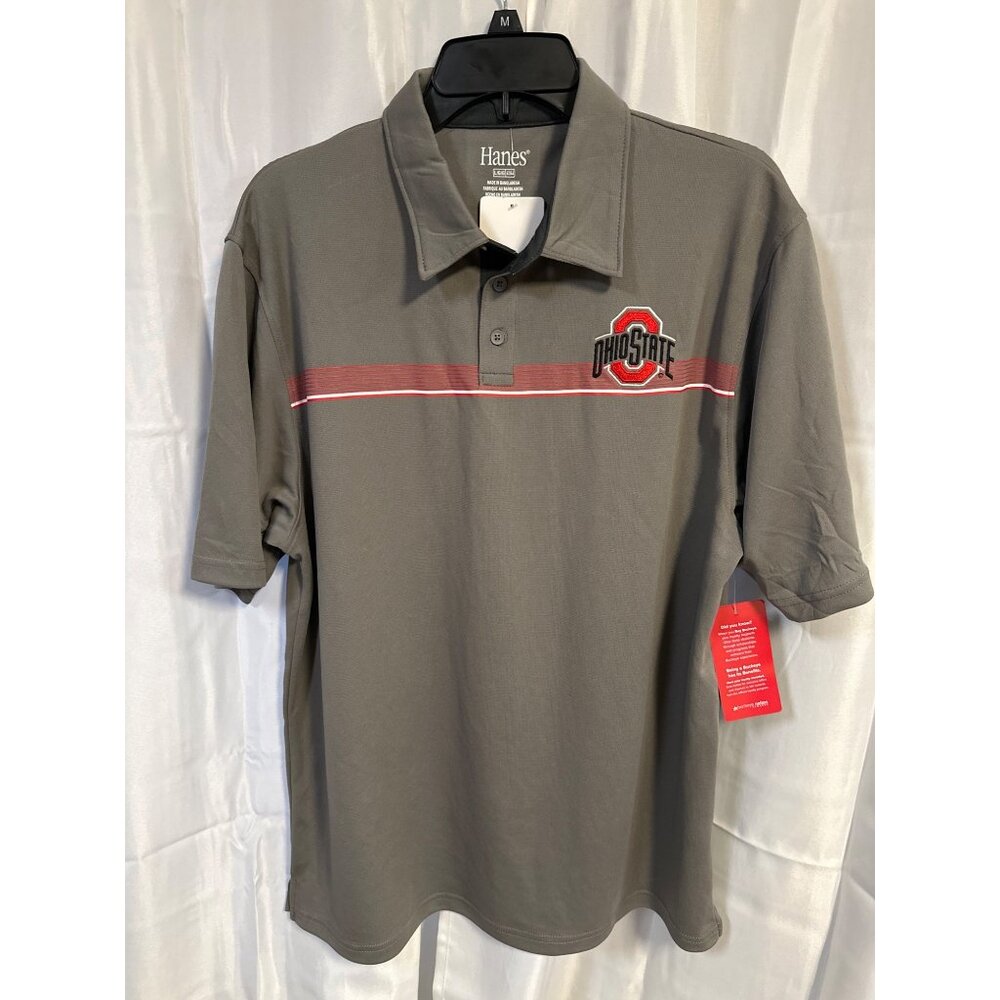 Ohio State Mens Polo Shirt Size L/G/G 42/44 Gray Embroidered Hanes Short Sleeve